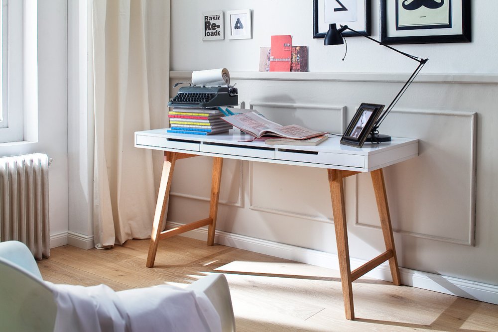 Bureau style scandinave FALCO blanc et bois 3 tiroirs